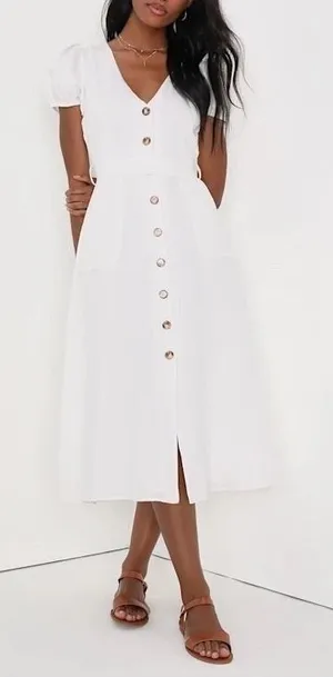 Lulus Sicily Sweetheart Midi Dress Womens Medium White Button-Front Puff Sleeve thumbnail 1
