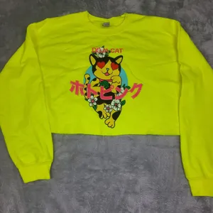 Doja Cat Cropped Graphic Pullover Sweatshirt Highlighter‎ Yellow Women Sz M NWOT thumbnail 1