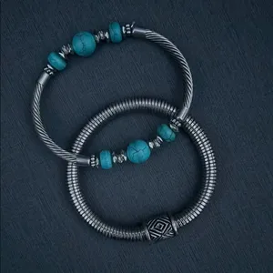 Set of 2 Silver & Turquoise Beaded Bracelets Boho Western Southwestern Jewelry thumbnail 2