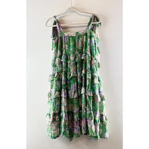 Olivaceous Floral Print Sleeveless Tie Shoulder Tiered Midi Dress Green Small thumbnail 3