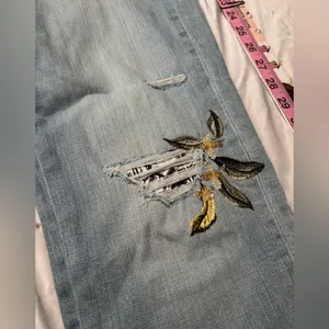 White House Black Market Light Wash Embroidered Distressed Straight Leg Jeans thumbnail 4