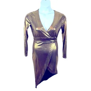 Lulu’s Metallic Gold Faux Wrap Asymmetrical Party Dress Semi Sheer Small Glam thumbnail 3