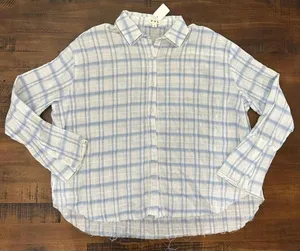 POL Clothing Frayed Ocean Blue Button Down Shirt Flared Sleeves‎ LARGE NWT thumbnail 1