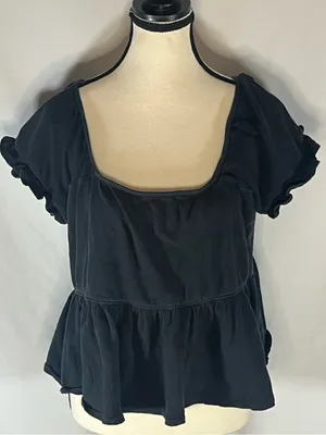 Madewell Black Ruffle Sleeve Peplum Top Square Neck Knit Shirt Medium thumbnail 2