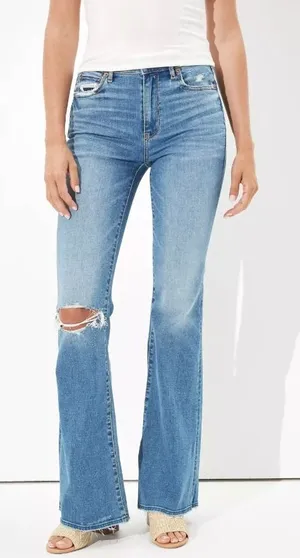 American Eagle Stretch Super Hi-Rise Flare Medium Wash Distressed Casual Size 8 thumbnail 1