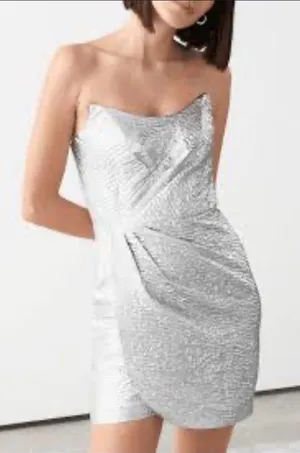 NWT & Other Stories Silver Strapless Jacquard Mini Metallic Party Dress Sz 4 thumbnail 1