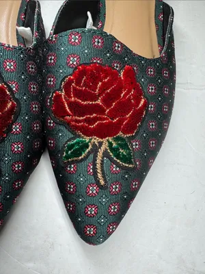 a new day dark green Pointed Toe Slip-On Mules with Red Floral Applique 7 rose thumbnail 4