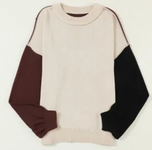 NEW Brown Black and Tan Colorblock Bishop Sleeve Sweater thumbnail 2