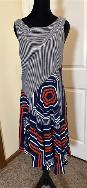 Maeve Anthropologie Cameron Striped Blue White Asymmetrical Swing Dress Size M thumbnail 1