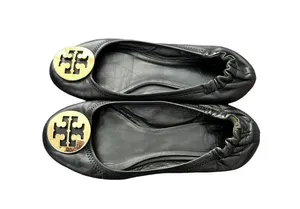 Tory Burch Reva Black Leather Gold Logo Medallion Ballet Flats Size 7 thumbnail 7