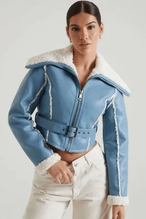 Oh Polly Eira light blue faux leather shearling jacket thumbnail 1