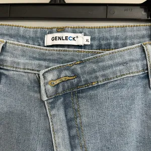 Genleck Shorts Women XL Extra Large Blue Denim Crossover Fly Cut Off Hem Stretch thumbnail 2