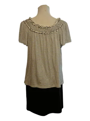 Max Studio London Black White Striped Short Sleeve Top Smocked Neck Med M thumbnail 2