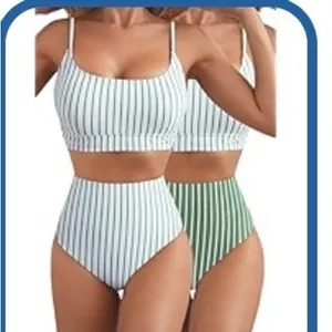 Womens Reversible Green White Vertical Stripe‎ High Waisted Bikini Set Size S thumbnail 2