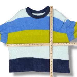 Aerie Flurry Rugby Stripes Fuzzy Oversized Crew Neck Sweater Blue Green Medium‎ thumbnail 14