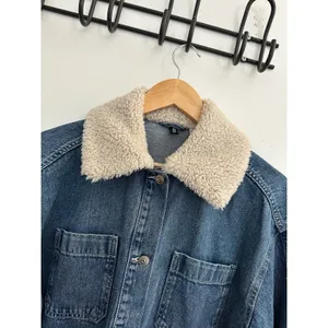 H&M Divided Borg Collared Denim Chore Jacket Small Oversized Trucker 100% Cotton thumbnail 3