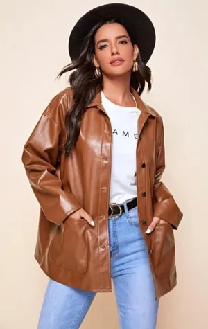SHEIN Brown PU Faux Leather Shacket Jacket Women’s 6 Oversized Button Down thumbnail 1
