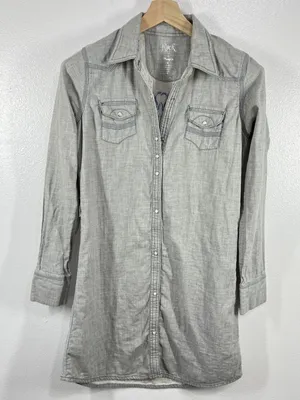 Rock 47 by Wrangler Shirt Dress‎ Western Cross Embroidered Long Sleeve Gray S thumbnail 1