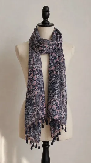 Pink Navy Blue Paisley Scarf Floral Boho Fringe Lightweight Long Wrap thumbnail 1