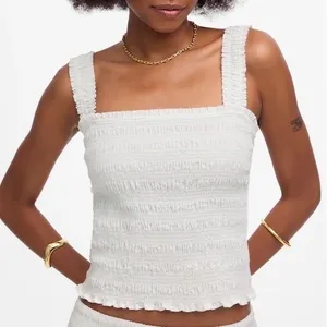 Madewell Poplin Cropped Top Womens L White Cotton Smocked Wide Strap Square Neck thumbnail 1