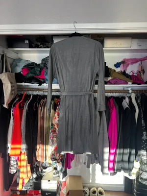 Hugo Boss gray belted waterfall v neck collared trench mid length dress M thumbnail 5