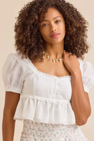 Altar’d State White Puff-Sleeve Ruffled Crop Top Size Medium thumbnail 1