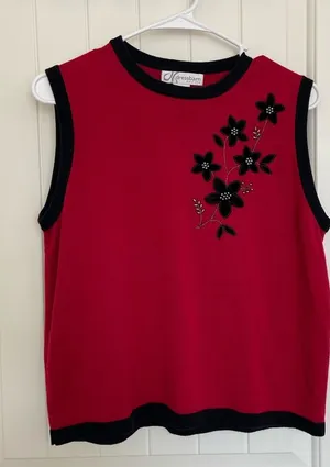 EUC | Dress Barn women’s red‎ black floral beaded sweater vest — petite medium thumbnail 1