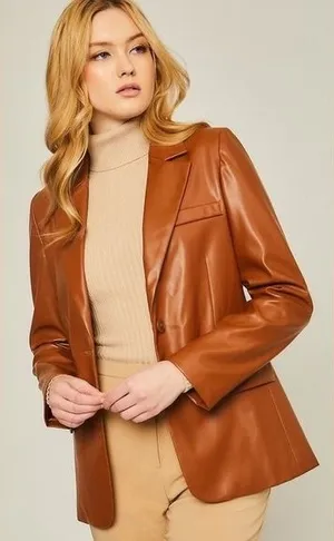 Love Tree Faux Leather Blazer Women Large Brown Cognac 90s Minimalist Moto thumbnail 1