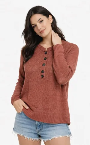 American Eagle Rust Henley Sweater | Lightweight Knit Long Sleeve thumbnail 1