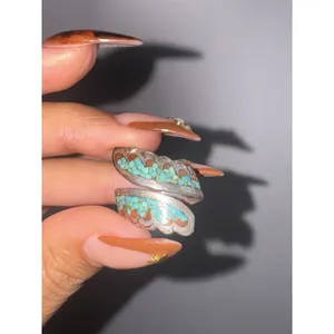 Sterling Silver Native American Navajo 925 Turquoise & Coral Inlay Wrap Ring Lb thumbnail 4