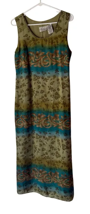 90s Kathie Lee Collection Sleeveless Floral‎ Dress M Green Blue Ombre Vintage thumbnail 1