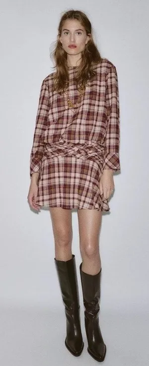 Zara Ecru Maroon Plaid Long Sleeve Ruched Flounce Flare Blogger Mini Dress Small thumbnail 1