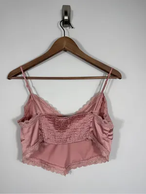 Garage Pink Satin Lace Trim Bralette Crop Cami Top Smocked Back M thumbnail 2