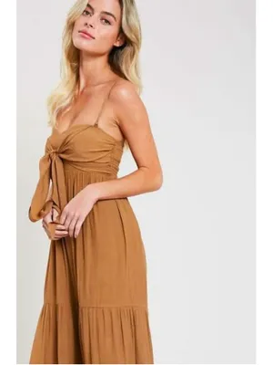 Wishlist Apparel Falling In Love Tie-Front Tiered Camel Maxi Dress Size S thumbnail 4