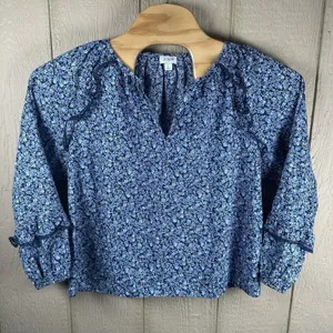 J.Crew Factory Peasant Top Womens Large Blue Floral Ruffle Trim Cotton Blouse thumbnail 1