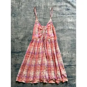 BP Peach Pink Cream Purple Plaid Strappy Summer Mini Dress XS thumbnail 3