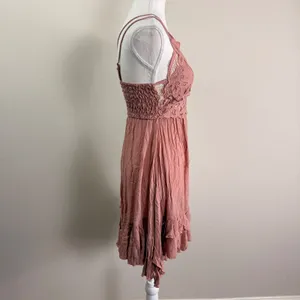Free People FP One Adella Mini Dress Rose Pink Lace Boho Ruffle Smocked Medium thumbnail 2