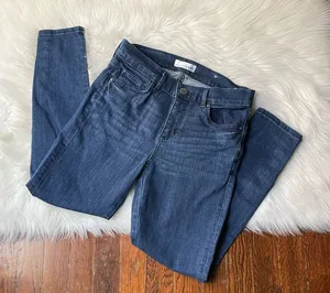 LOFT modern skinny jeans dark wash button hem thumbnail 1