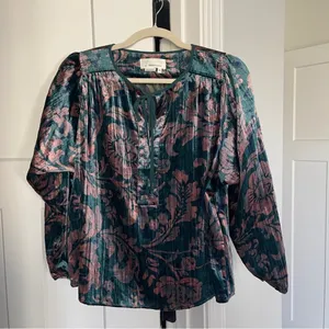 Athleta Faustine Velvet Peasant‎ Blouse Long Sleeve green pink thumbnail 3