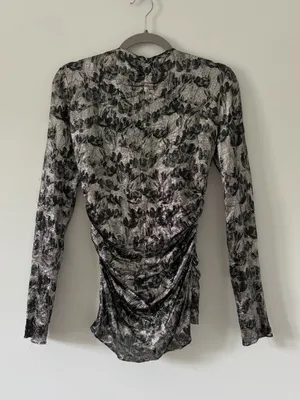 Isabel Marant Diego Floral Ruched Print Stretch Silk Blend Silver Black Top 36 thumbnail 7