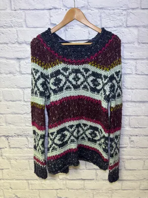 Free People Reed Fair Isle Print Chunk Knit Sweater Wool Linen Alpaca Medium thumbnail 3