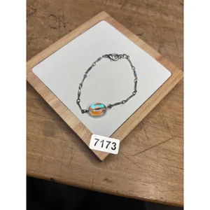 Iridescent Beaded Sterling Silver Bracelet With Oval Glass Accent & Lobster Clas thumbnail 2