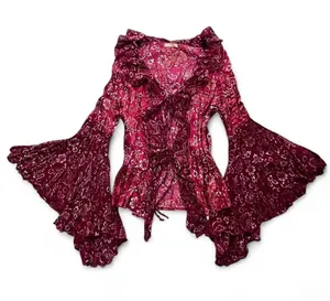 Y2K Red Floral Asymmetrical Bell Sleeve Top Women's Size Large Whimsigoth Witchy thumbnail 1