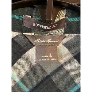 EDDIE BAUER Boyfriend Fit Flannel Shirt Button Up Green Plaid Women's Size Large thumbnail 3