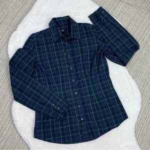 Tommy Hilfiger Plaid Ruffle Cuff Trim Button Front‎ Shirt Green Navy Medium thumbnail 15