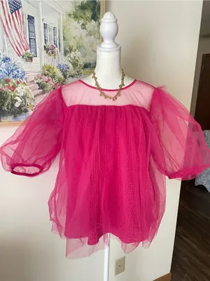 Anthropologie Sheer Mesh Tulle Puff Sleeve Blouse Top Hot Pink XL thumbnail 3