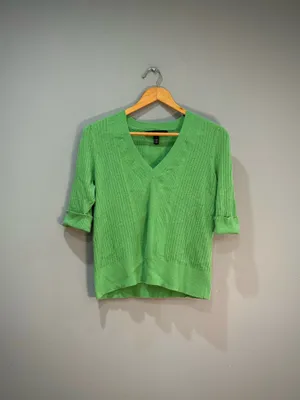 Green WHBM Knit V-Neck S/S Sweater Size L EUC thumbnail 3