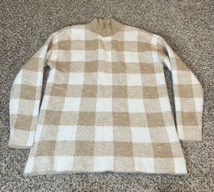 LOFT Women's Beige White Buffalo Check Mock Neck‎ Sweater Size S thumbnail 1