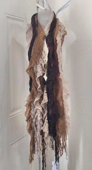 Vintage Cottagecore Whimsical Cream brown crochet scarf with ruffles and fringe #boho #festival thumbnail 1