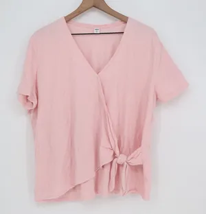 Old Navy Top Womens XL Faux Wrap Side Tie Pink Slub Cotton Short Sleeve VGUC thumbnail 1